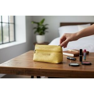 Tender Love + Carry Cosmetic Bag Women Small Yellow NWOT Chevron Pouch